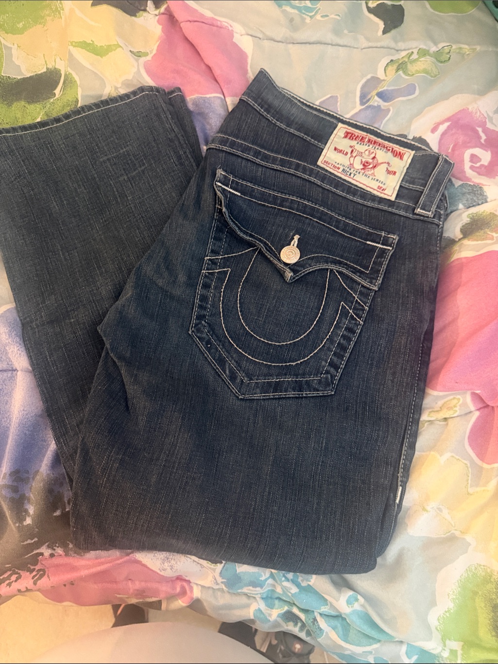 True Religion Men’s Dark Blue Boot Cut Jeans With Signature Flap Pocket
